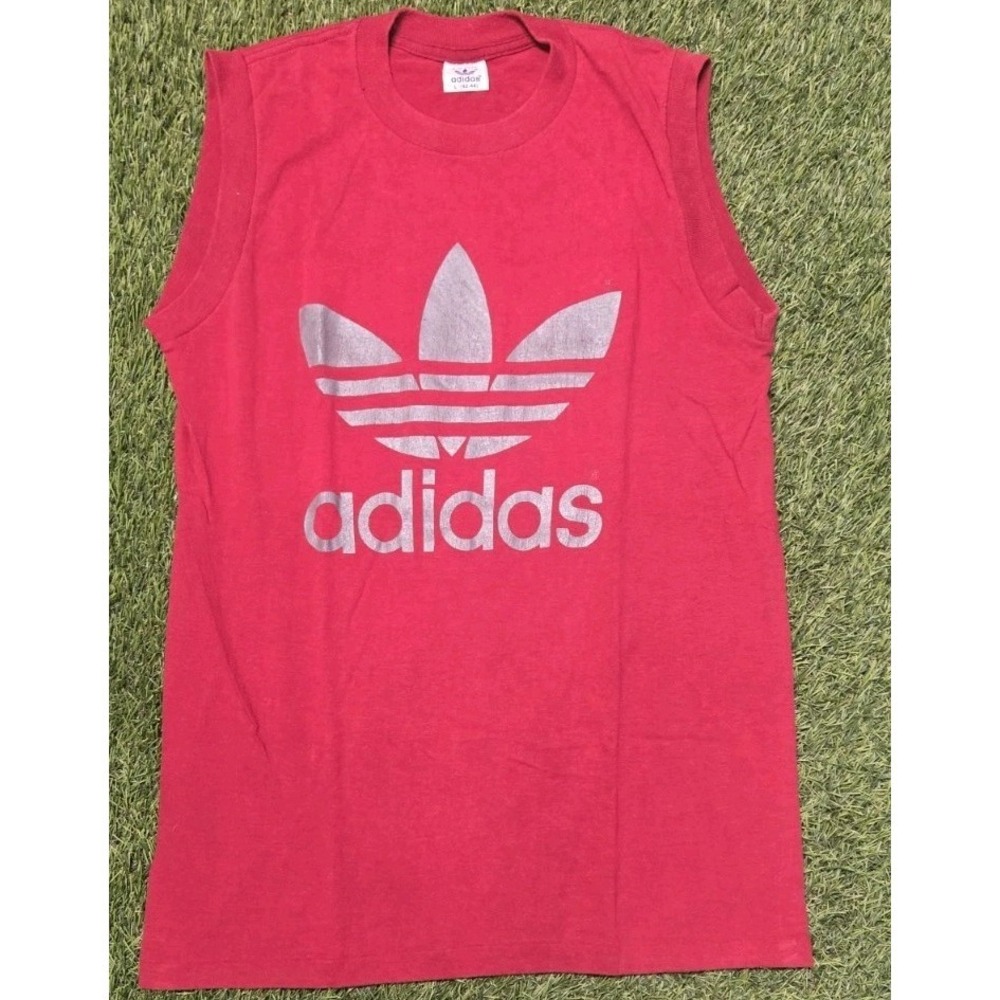 Vintage 80s Adidas Trefoil Sleeveless Shirt Made In USA Red Silver Large Fits...